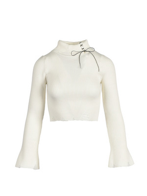 Leather Ribbon Damage Rib Knit