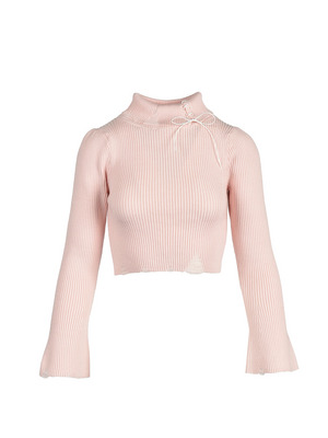 Leather Ribbon Damage Rib Knit