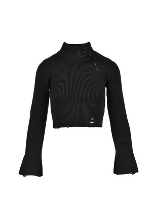 Leather Ribbon Damage Rib Knit