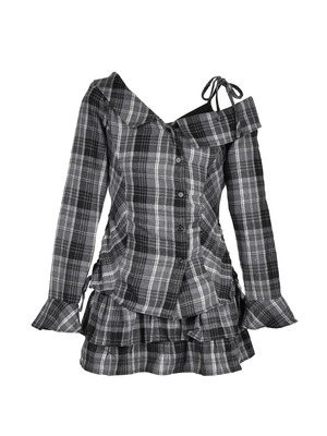 One-Shoulder Check Shirt Set