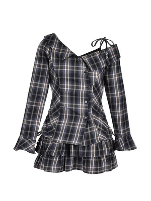 One-Shoulder Check Shirt Set