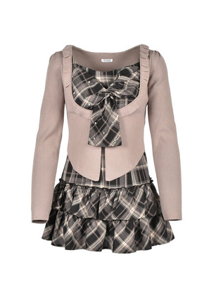 Frill Cardigan Check Ribbon Onepiece